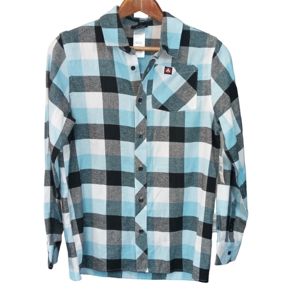 Airwalk Soft Flannel Button Down Black Blue & White Plaid Shirt Size Large NWT